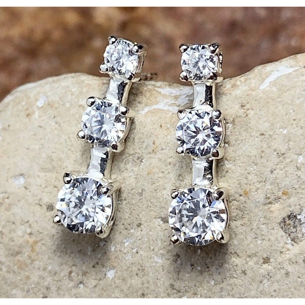 Vintage Sterling Silver CZ Drop Earrings Signed